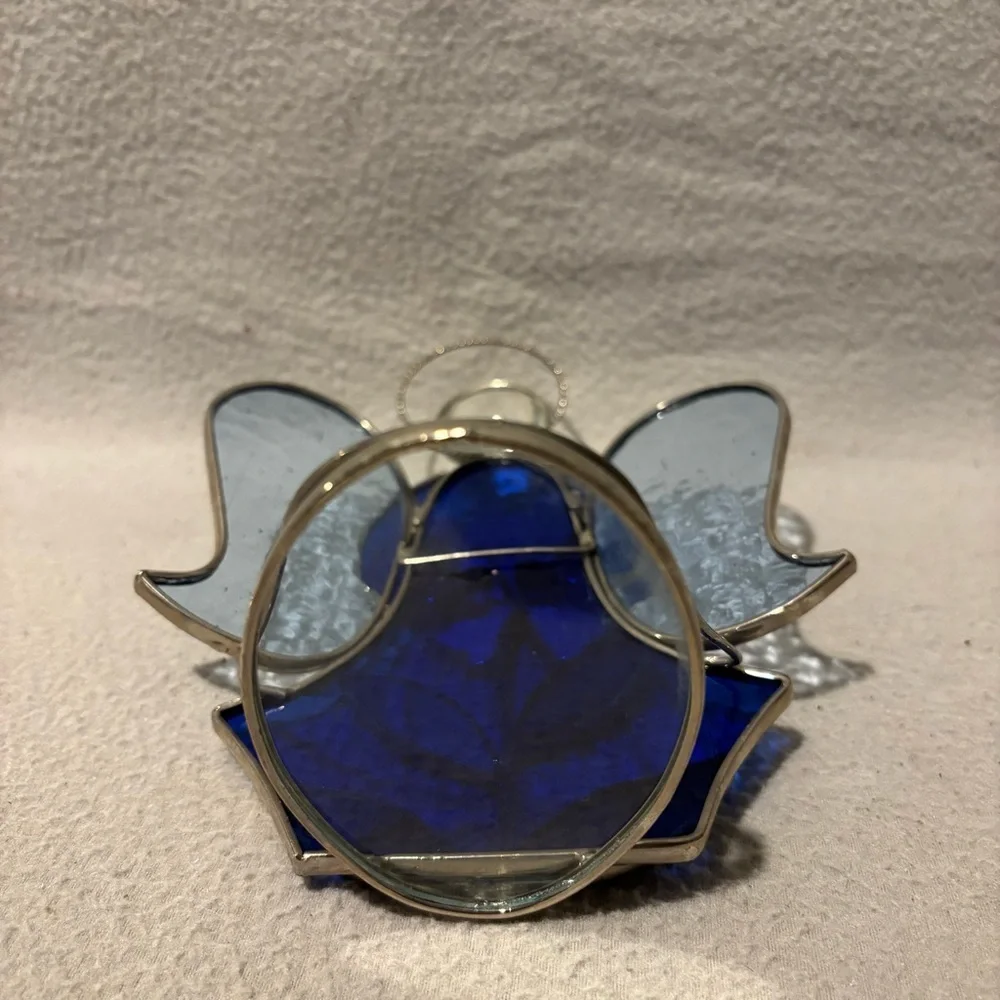 Vintage Heavenly Stained Glass Angel Tealight Candle Holder Blue with flower